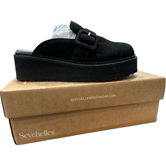 Anthropologie Seychelle Come Together Black Suede Platform Mules Size 7 - Picture 1 of 9